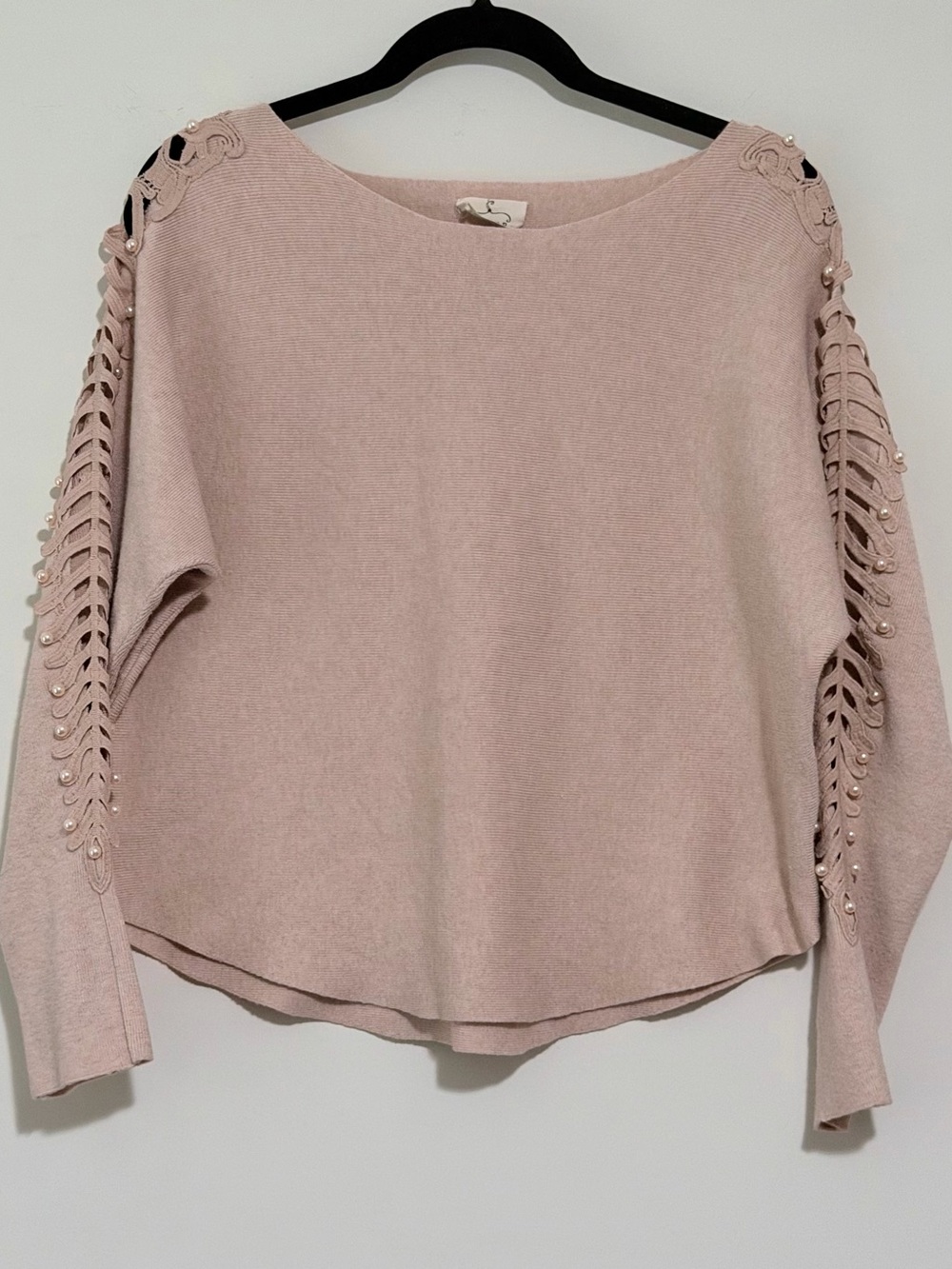Women's Blush Crewneck Sweater with Lace-Up Pearl-Trim Sleeves